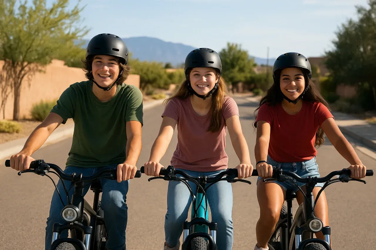 three teens riding electric bicycles e-bikes wearing helmets in New Mexico