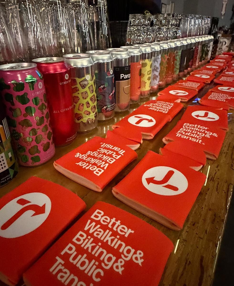 Transportation Alternatives logo on drink huggies at the November Member Mixer in Brooklyn, NY
