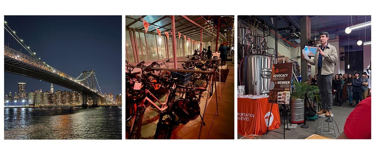 Photo collage: View of the Williamsburg Bridge and Manhattan from the river walk in Brooklyn, Bicycles on a rack, Transportation Alternatives event speaker