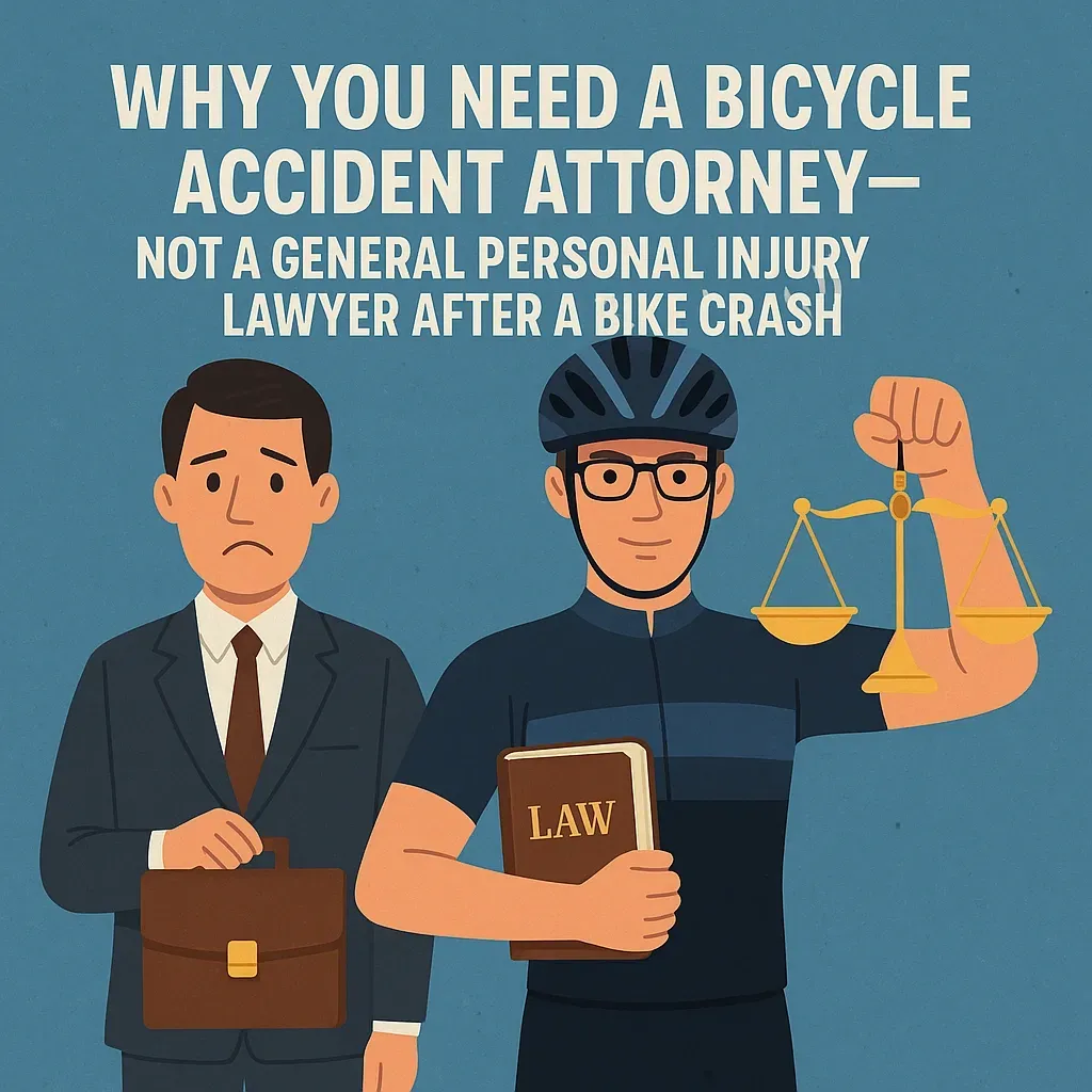 illustration of a general personal injury lawyer frowning and standing next to a bicycle accident