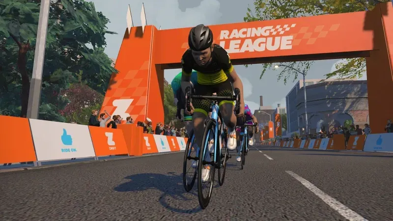 Zwift racing league riders on the virtual race course