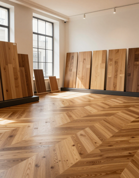 Showroom di parquet in legno con listoni e campioni materici.