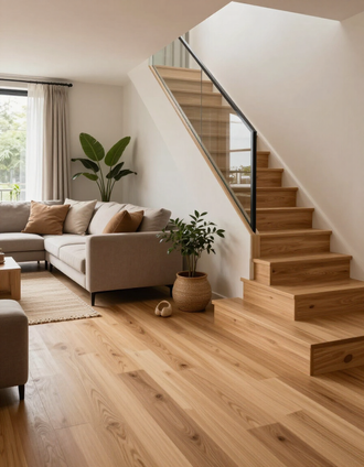 Ambiente domestico con parquet in legno chiaro e scala.