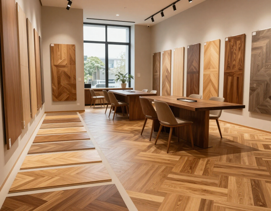 Showroom di parquet con campioni di legni e finiture.