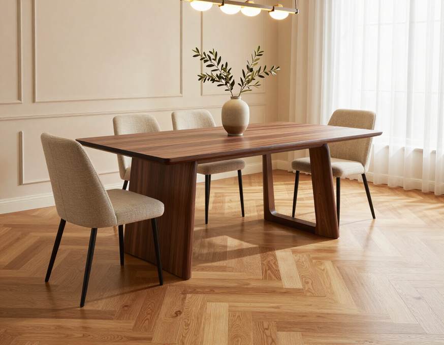 Soggiorno elegante con parquet in legno chiaro e arredi contemporanei.