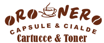 Logo per Oro Nero: capsule e cartucce di caffè. Testo marrone e grafica a chicchi di caffè.