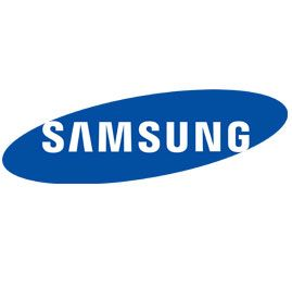 Logo Samsung: testo bianco "SAMSUNG" in un ovale blu.