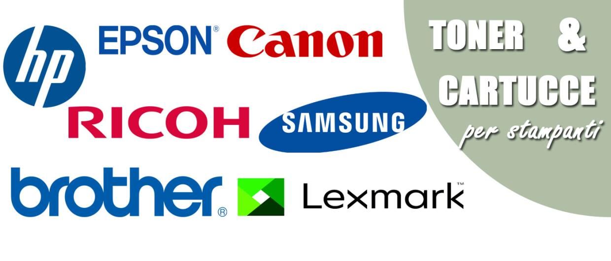 Loghi dei marchi di stampanti: HP, Epson, Canon, Ricoh, Samsung, Brother e Lexmark con testo 
