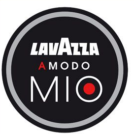 Logo Lavazza A Modo Mio: testo bianco su cerchio nero, accenti rossi, bordo grigio.