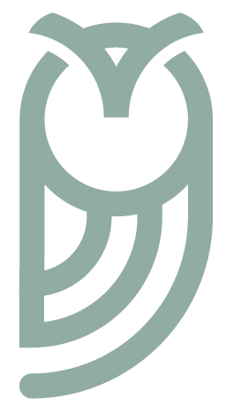 A stylized, minimalist, sage green owl icon on a white background.