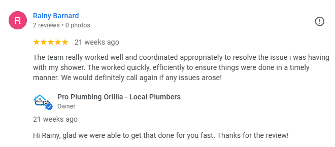 5 star review plumbers orillia