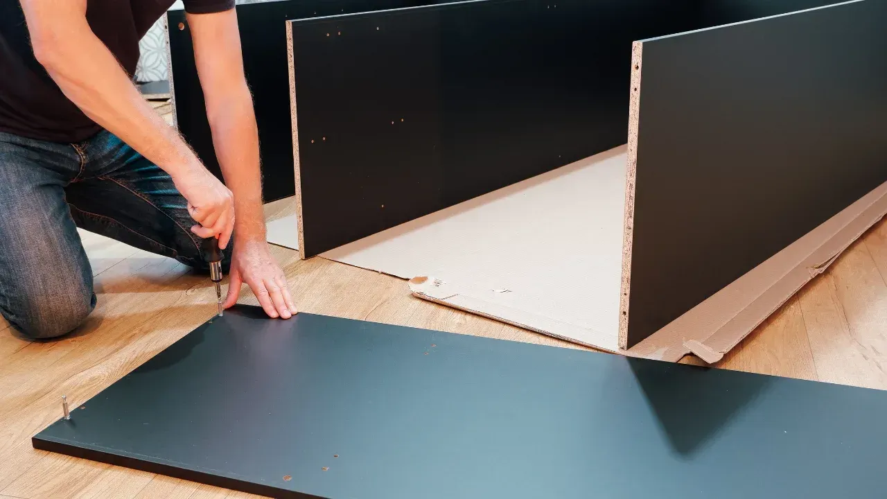 Someone putting together a black shelving unit