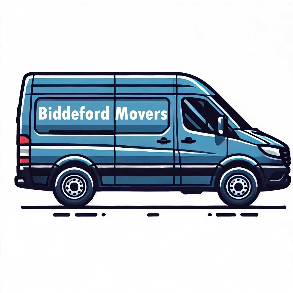 A blue icon of a sprinter van with Biddeford Movers on the side