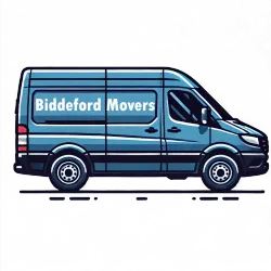 A blue icon of a sprinter van with Biddeford Movers on the side