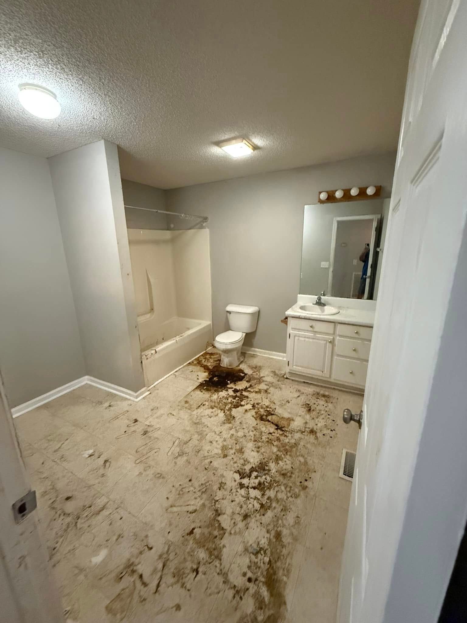 Bathroom with damaged flooring, toilet, tub, vanity, and gray walls.