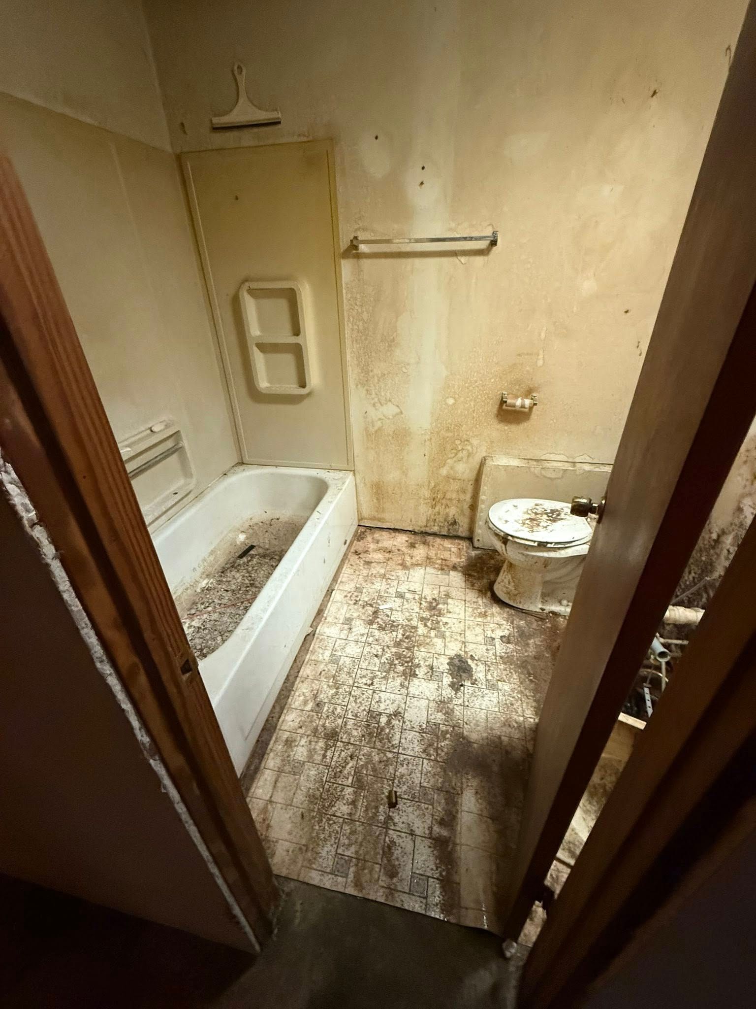 A dirty bathroom with a tub, toilet, and walls covered in grime.