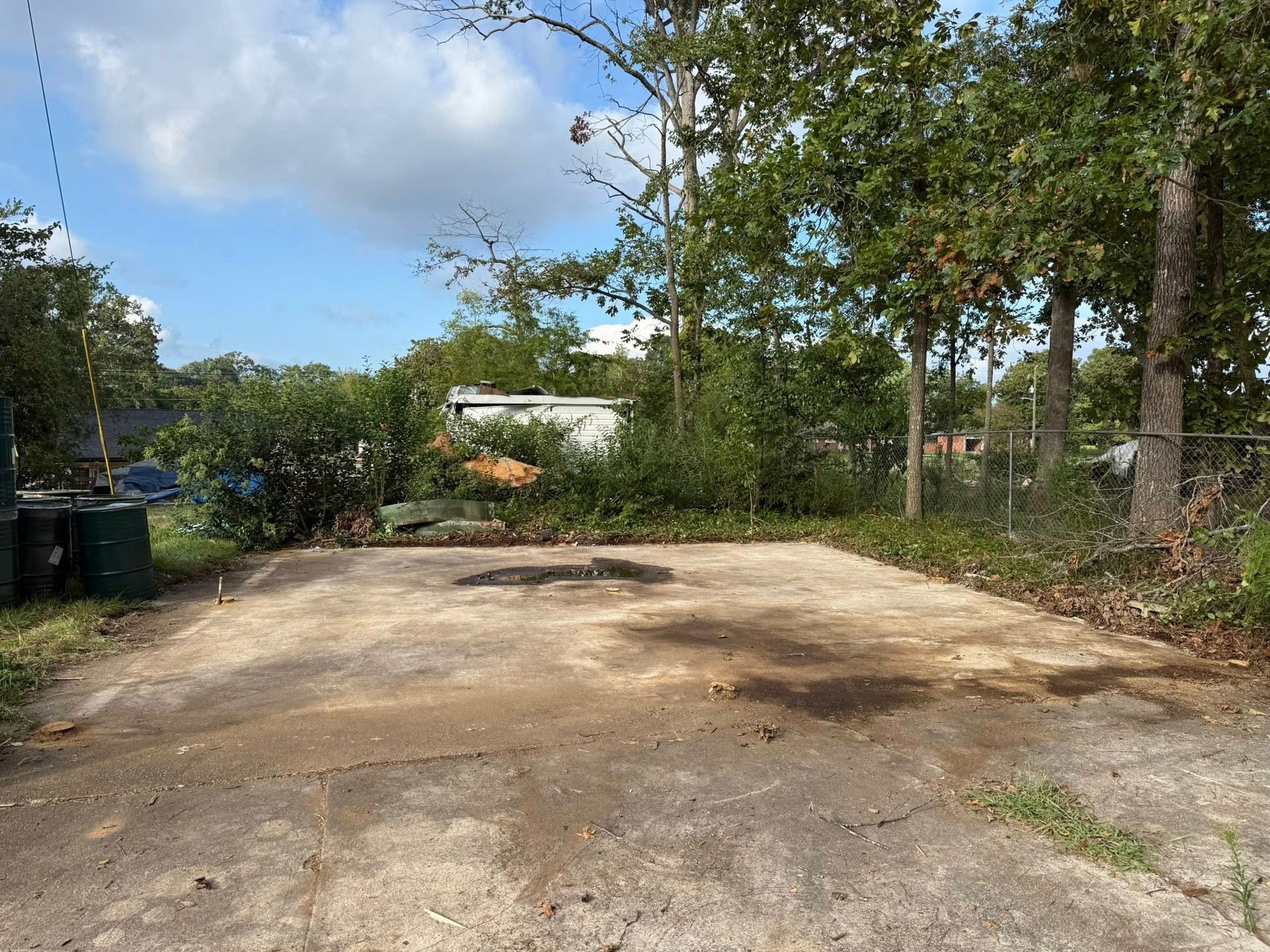 Concrete slab in a clearing, surrounded by overgrown greenery, trees, and a cloudy sky.