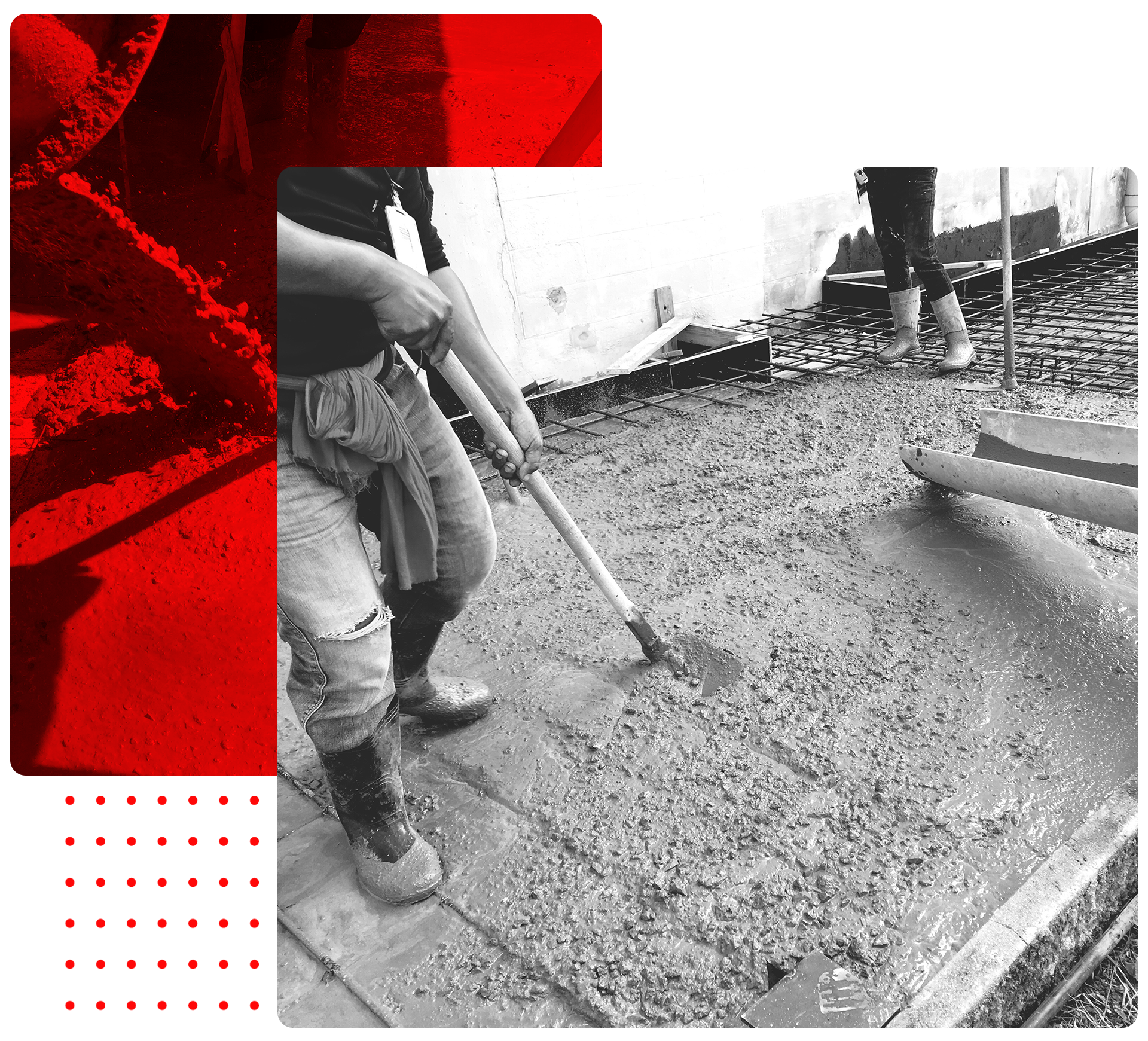 Construction of a concrete walkway around a residential rural house in manual of the pavement with a special tool.