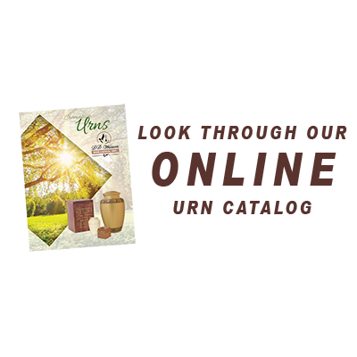 Online urn catalog advertisement: brochure with urns, text 