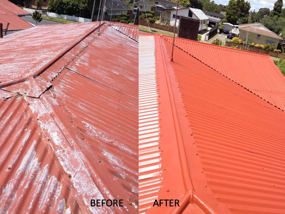 A before and after picture of a red roof.
