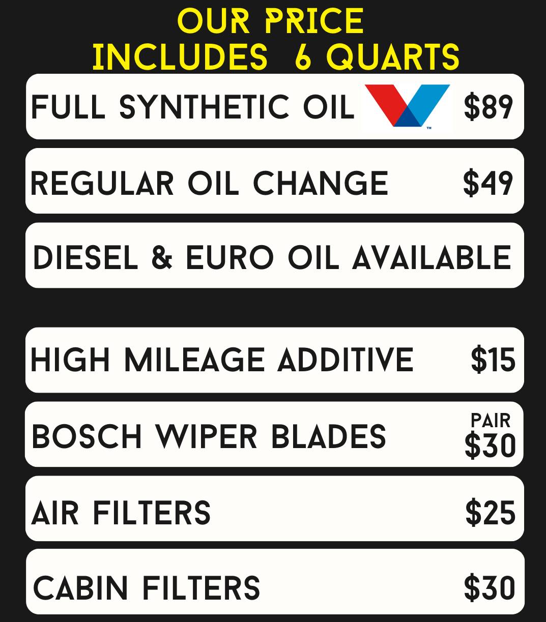 Auto service price board listing oil changes, filters, wiper blades, and additive in white-on-black signs