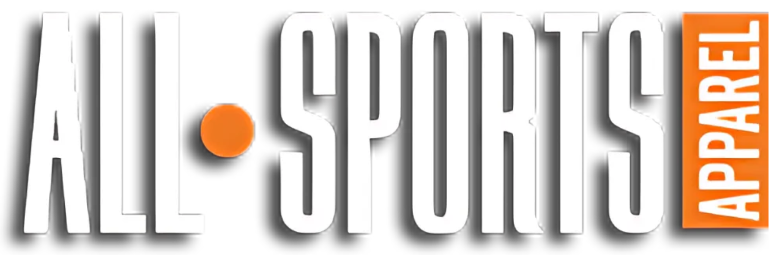 Logo for All Sports Apparel: white text with orange circle, orange rectangle with 