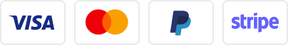 Logos for Visa, Mastercard, Paypal, and Stripe.