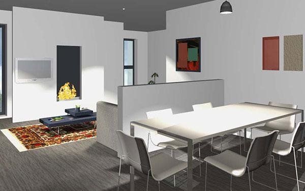 un disegno in CAD  di una cucina open space con un tavolo e delle sedie e vista del salotto