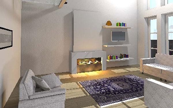 un disegno in CAD di un salotto moderno con un camino e dei divani grigi