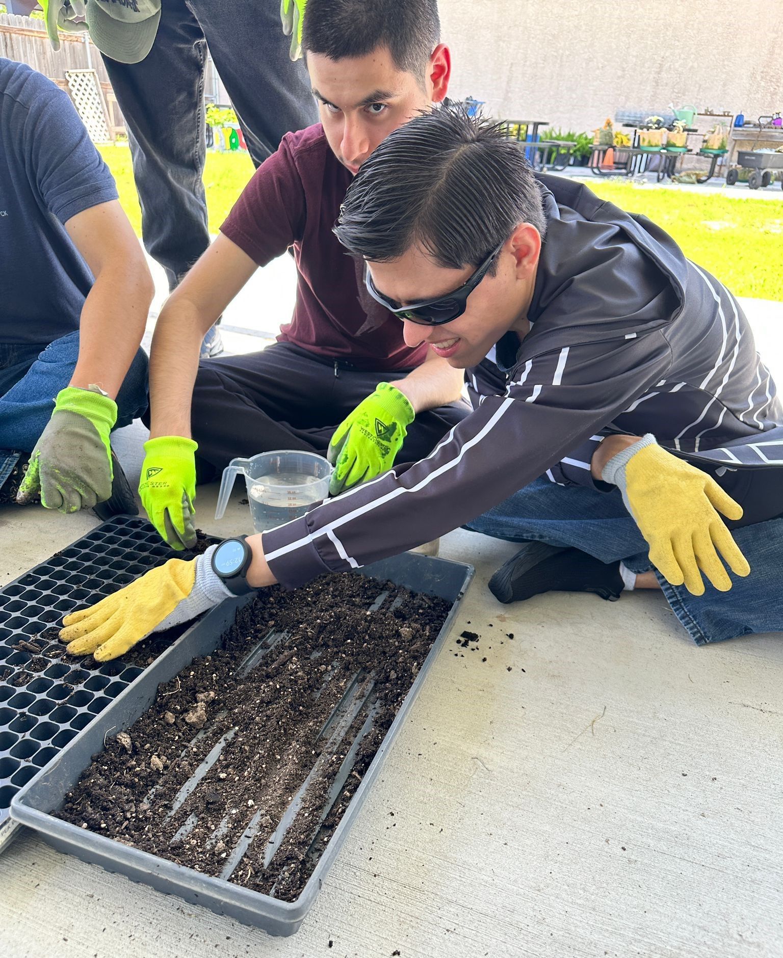 A man wearing green gloves is working on a tray of soil