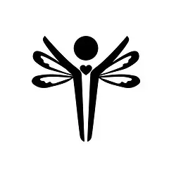 A black and white silhouette of a dragonfly with wings and a heart.