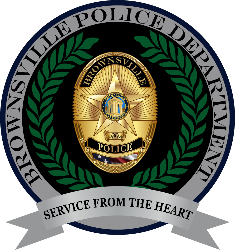 Brownsville Police Department badge with gold star, laurel wreath, and 