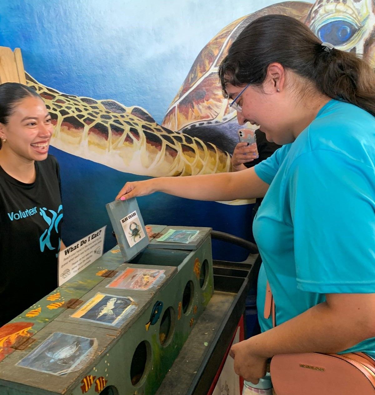 A woman in a blue shirt is putting something in a box