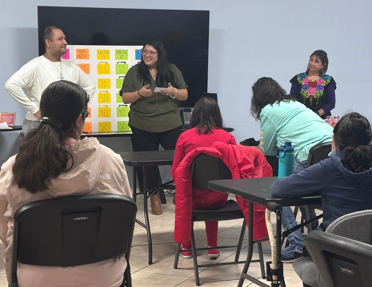 A group of people are sitting in chairs in front of a white board with sticky notes on it.