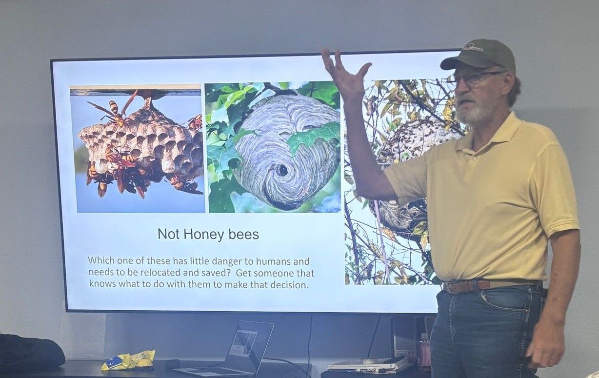 A man is giving a presentation about nut honey bees