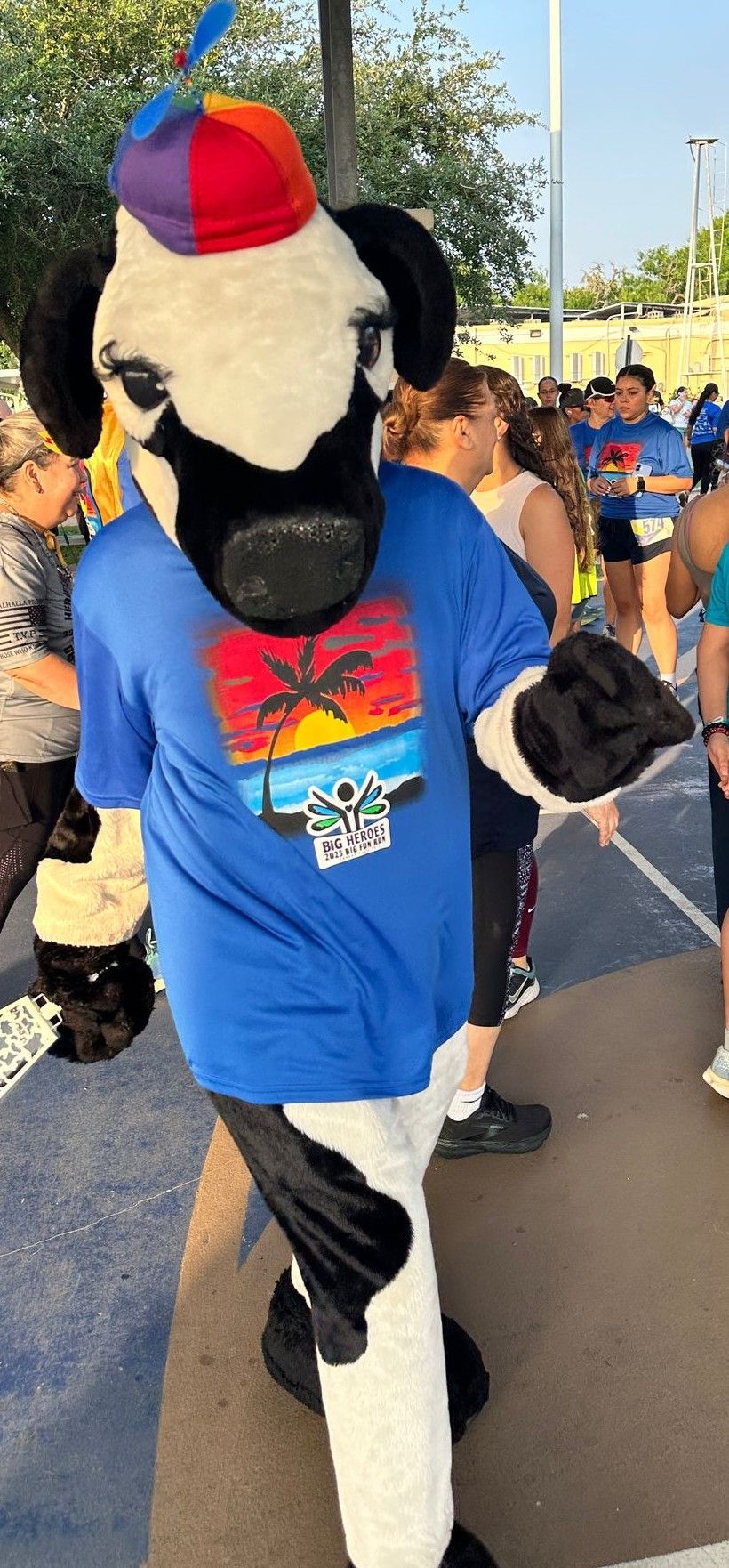 A cow mascot is wearing a blue shirt and a colorful hat.