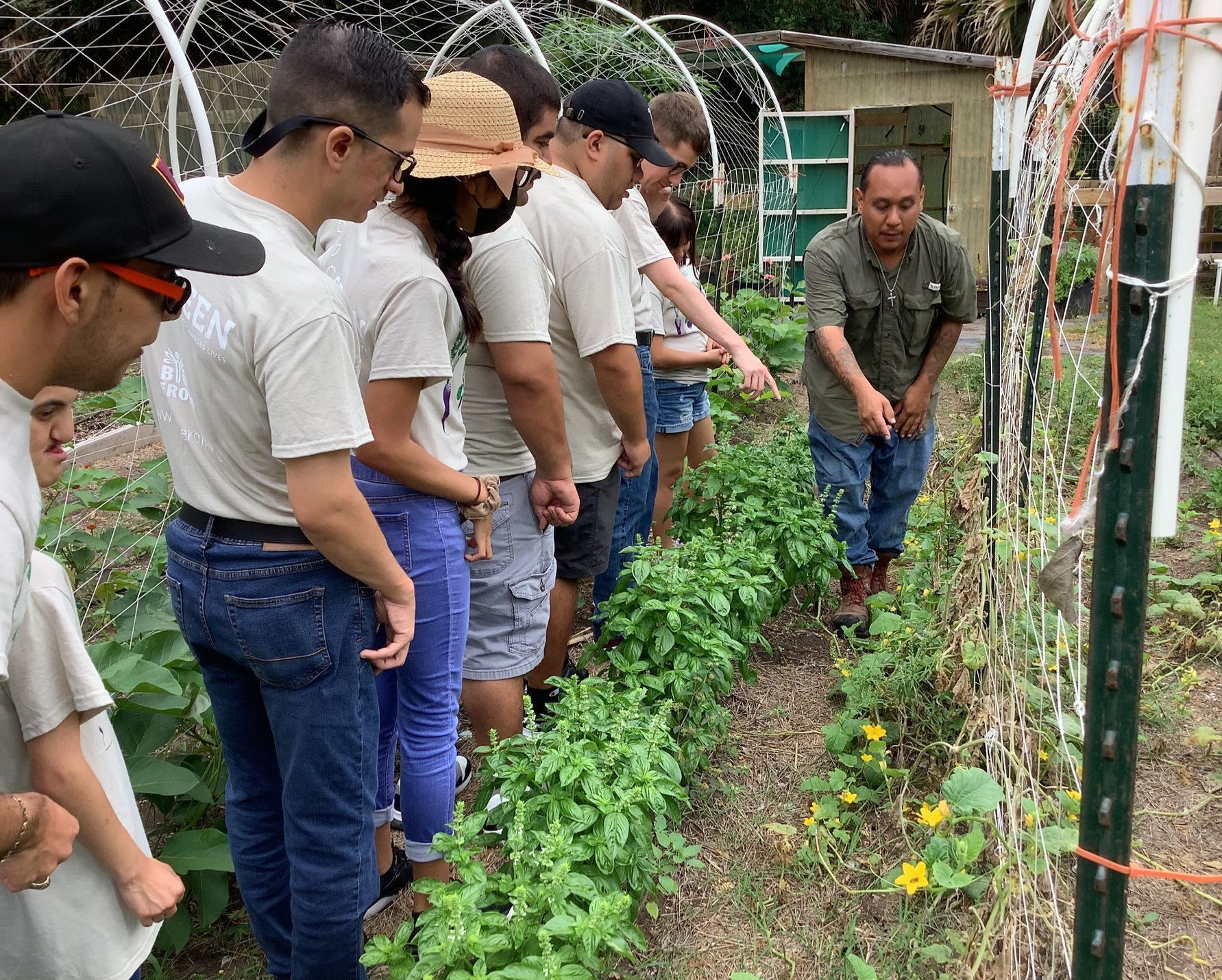 A group of people are standing in a garden looking at plants.