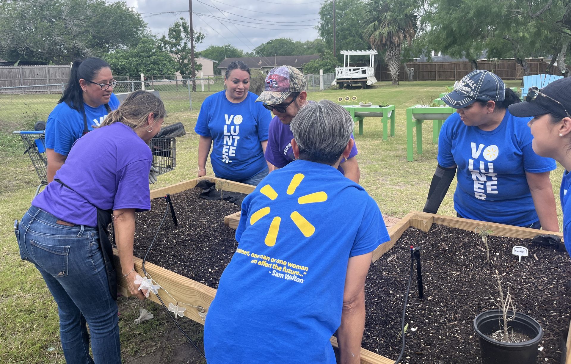 A group of women in blue shirts are working in a garden.