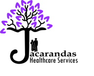 The logo for jacarandas healthcare services shows a tree with purple leaves and two people standing underneath it.