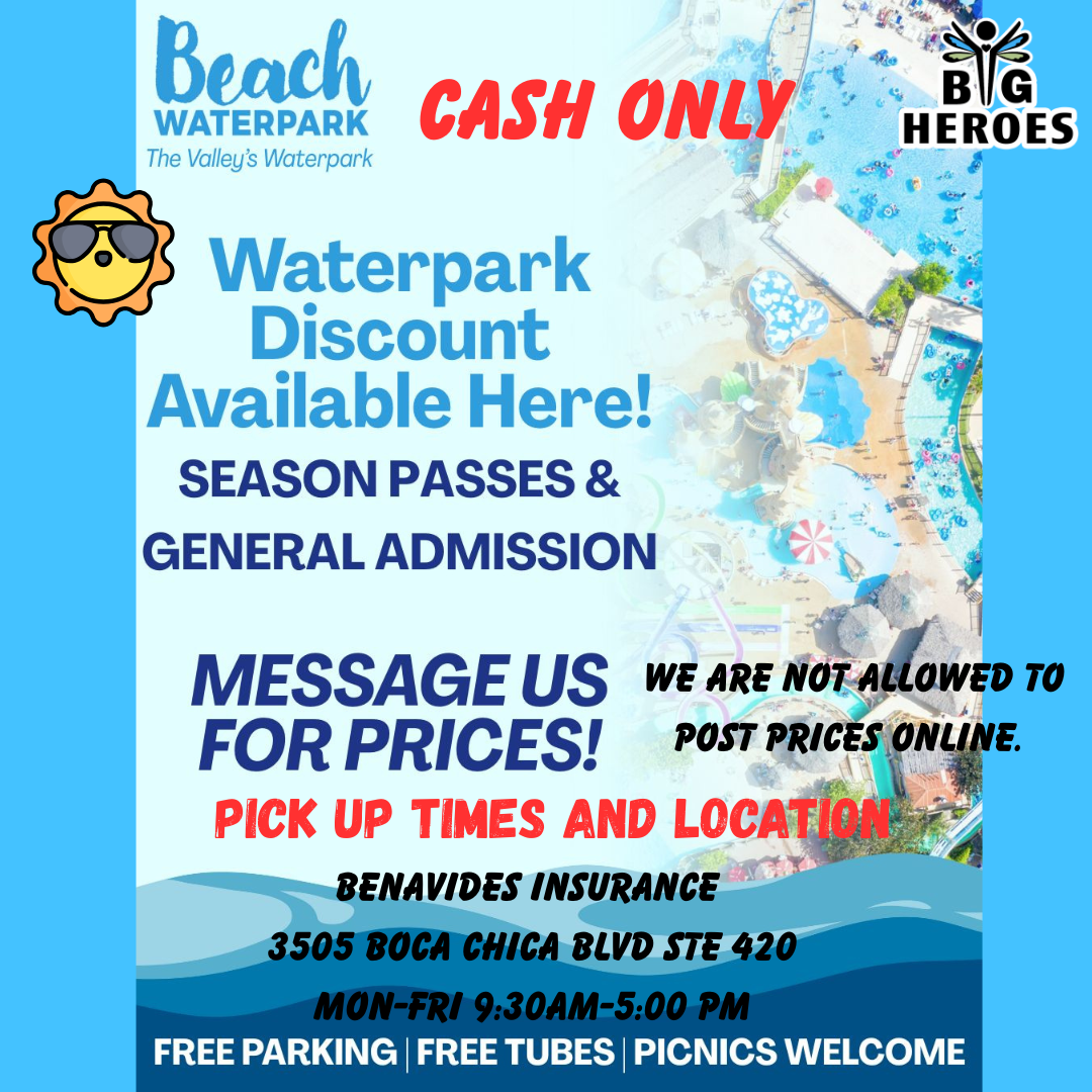 An advertisement for beach waterpark that is cash only