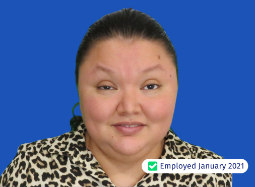 A woman wearing a leopard print shirt has been employed since january 2021