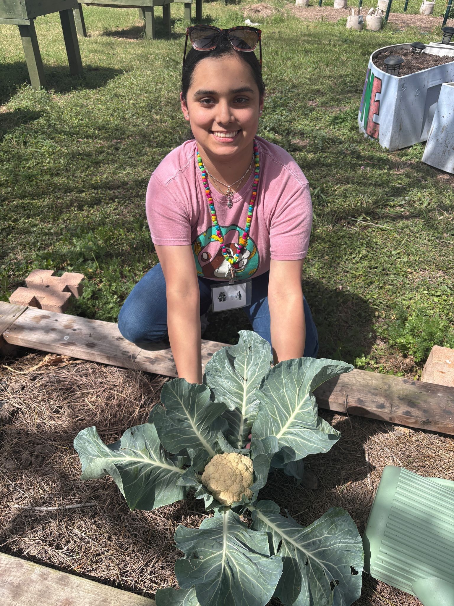 A woman is kneeling down next to a cauliflower in a garden.