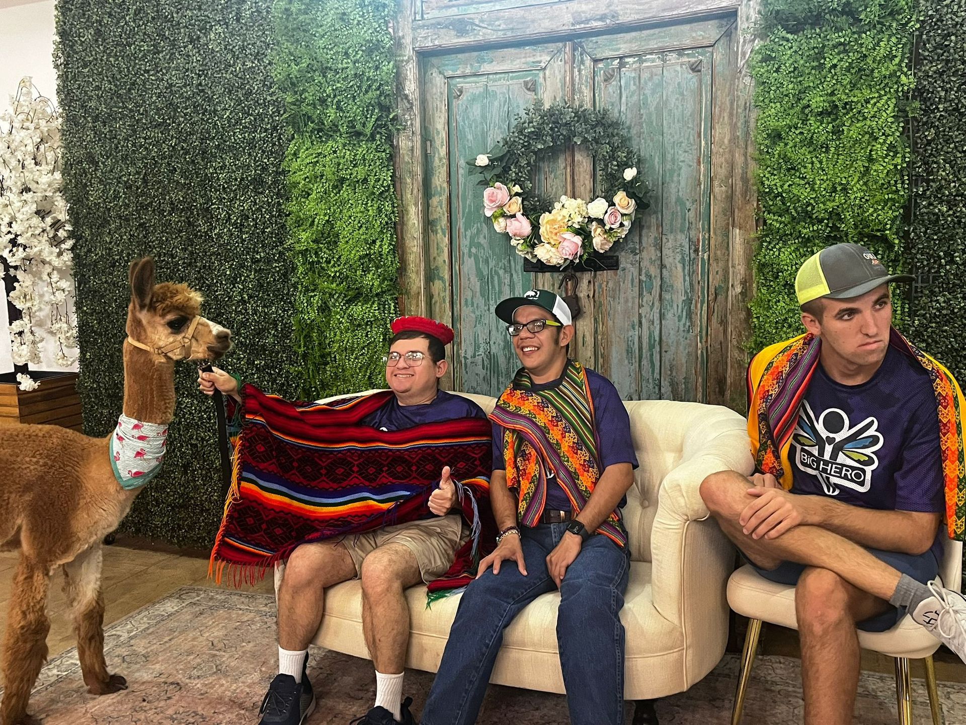 Four people and a llama pose on a couch in front of a floral wall.
