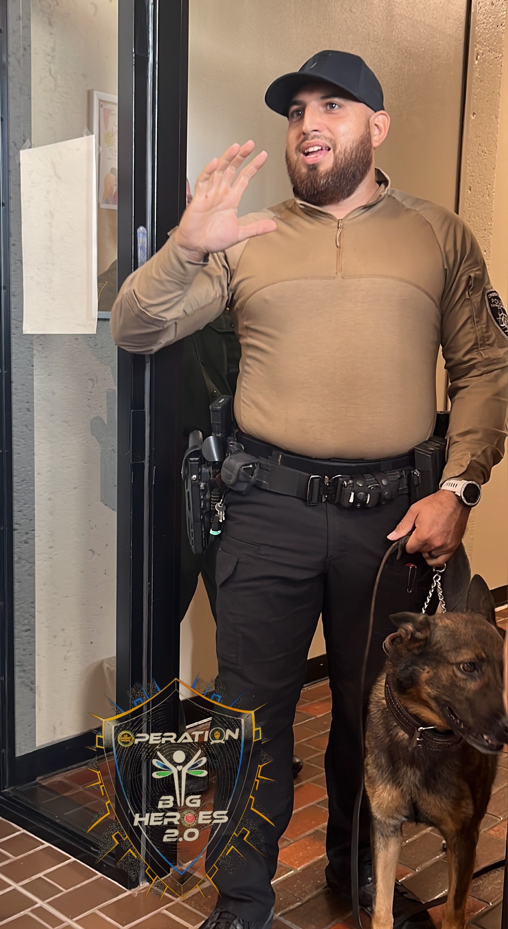 A man in a military uniform is standing next to a dog on a leash.
