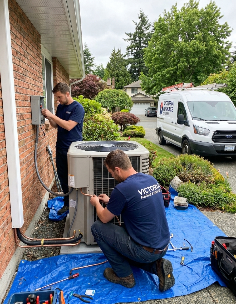 Two HVAC technicians repair an outdoor air conditioner beside a house on a blue tarp.