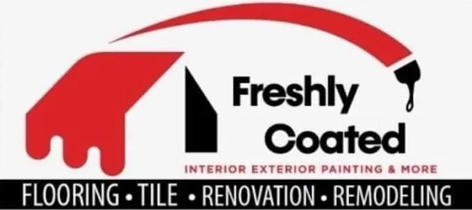 Logo for "Freshly Coated" with red paint dripping, brush, and black text: flooring, tile, renovation, remodeling.