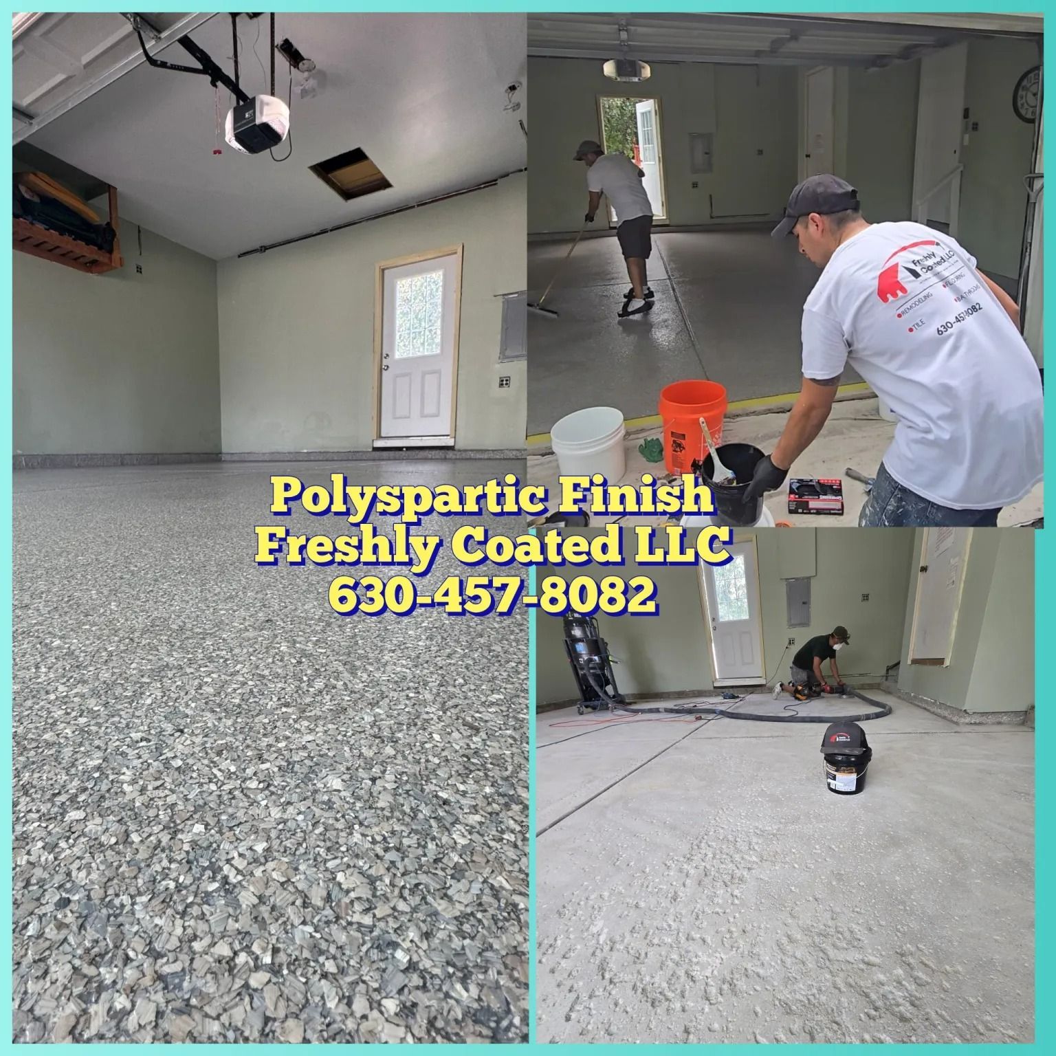 Composite showing a garage with a speckled floor, and workers applying the floor coating.