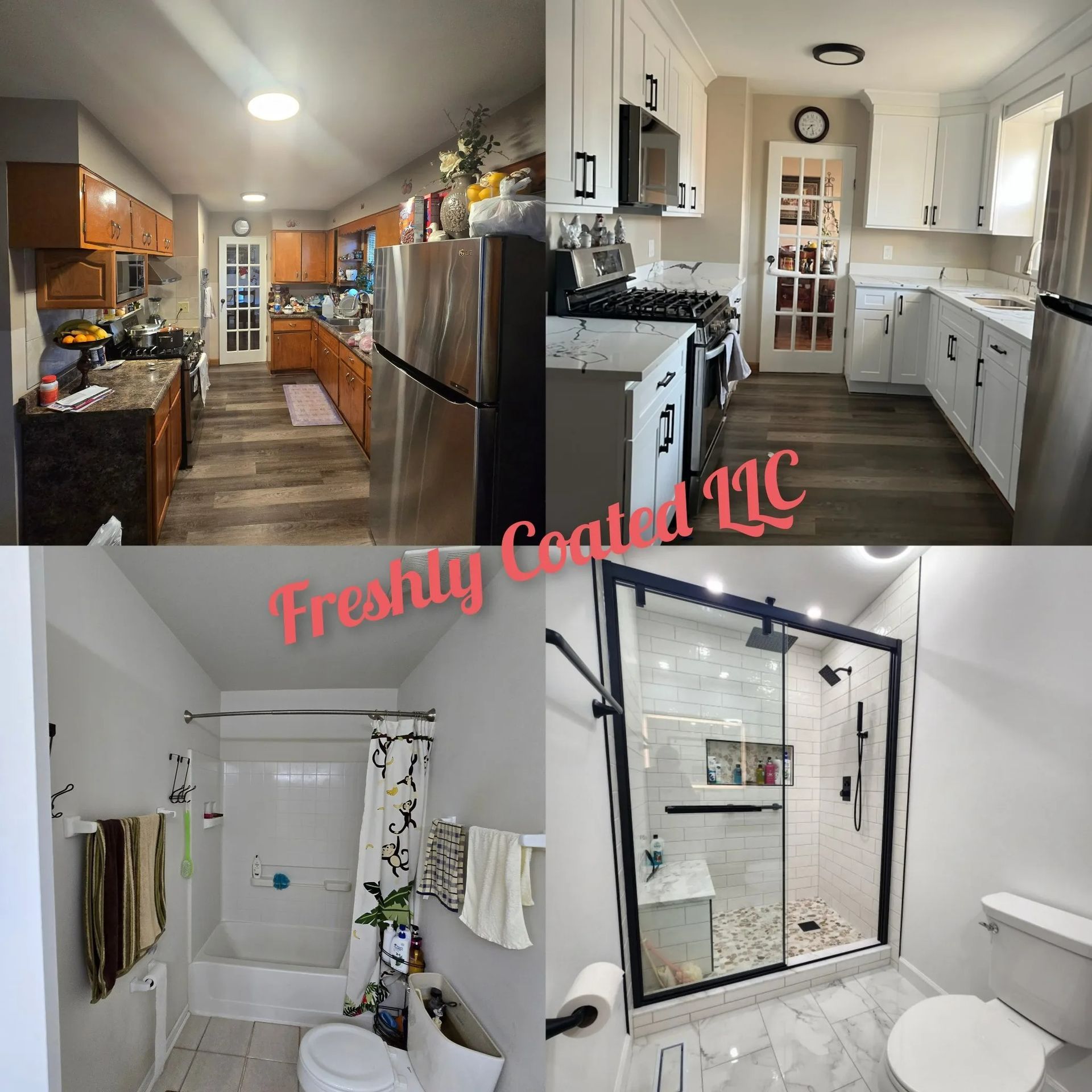 Before-and-after photos of kitchen and bathroom renovations, showing updated cabinets, flooring, and showers.