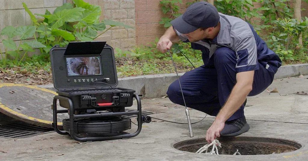 A man inspecting a sewer using a camera system. The camera shows the inside of the sewer.