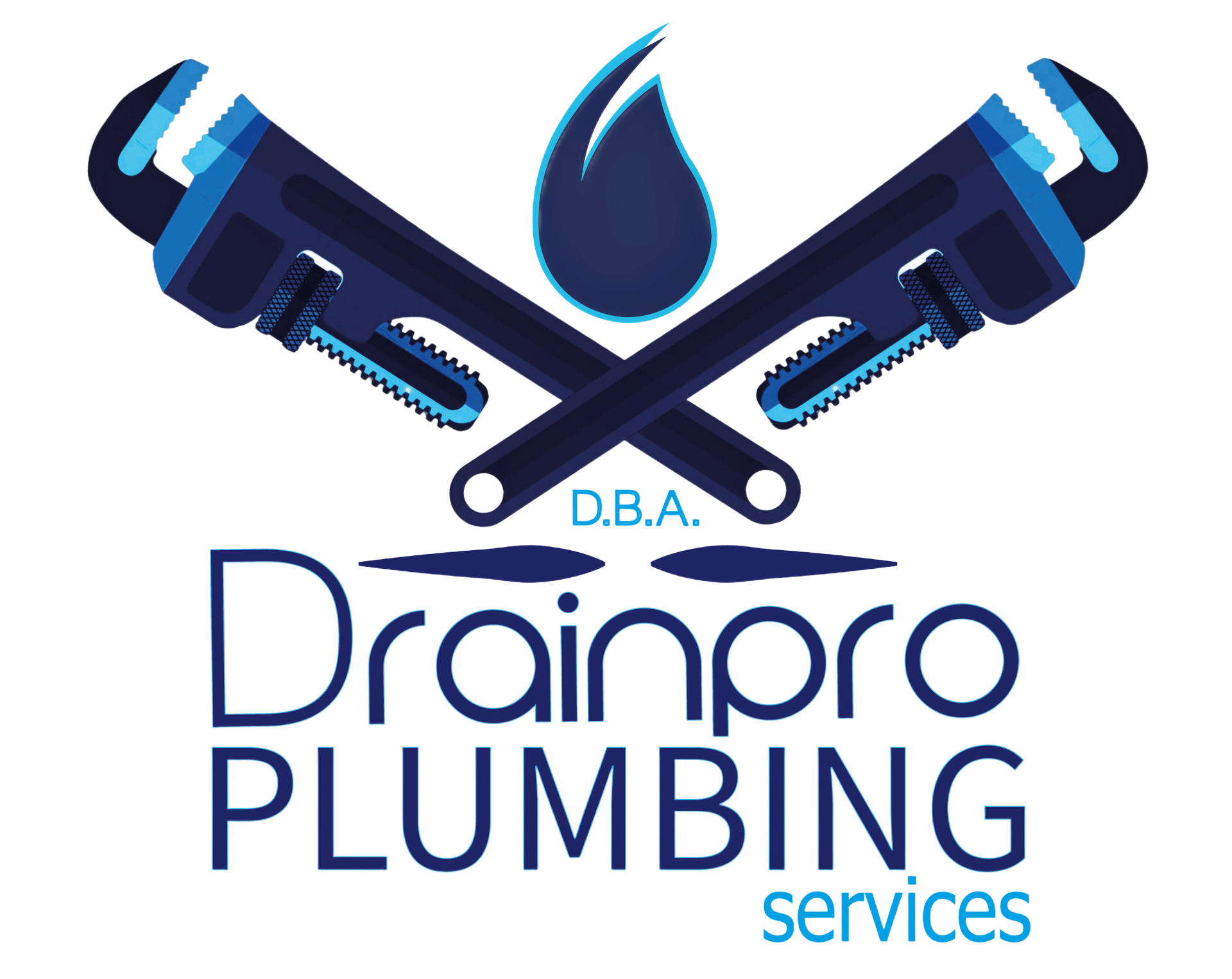 Logo for Drainpro Plumbing, featuring crossed blue wrenches and a water drop.